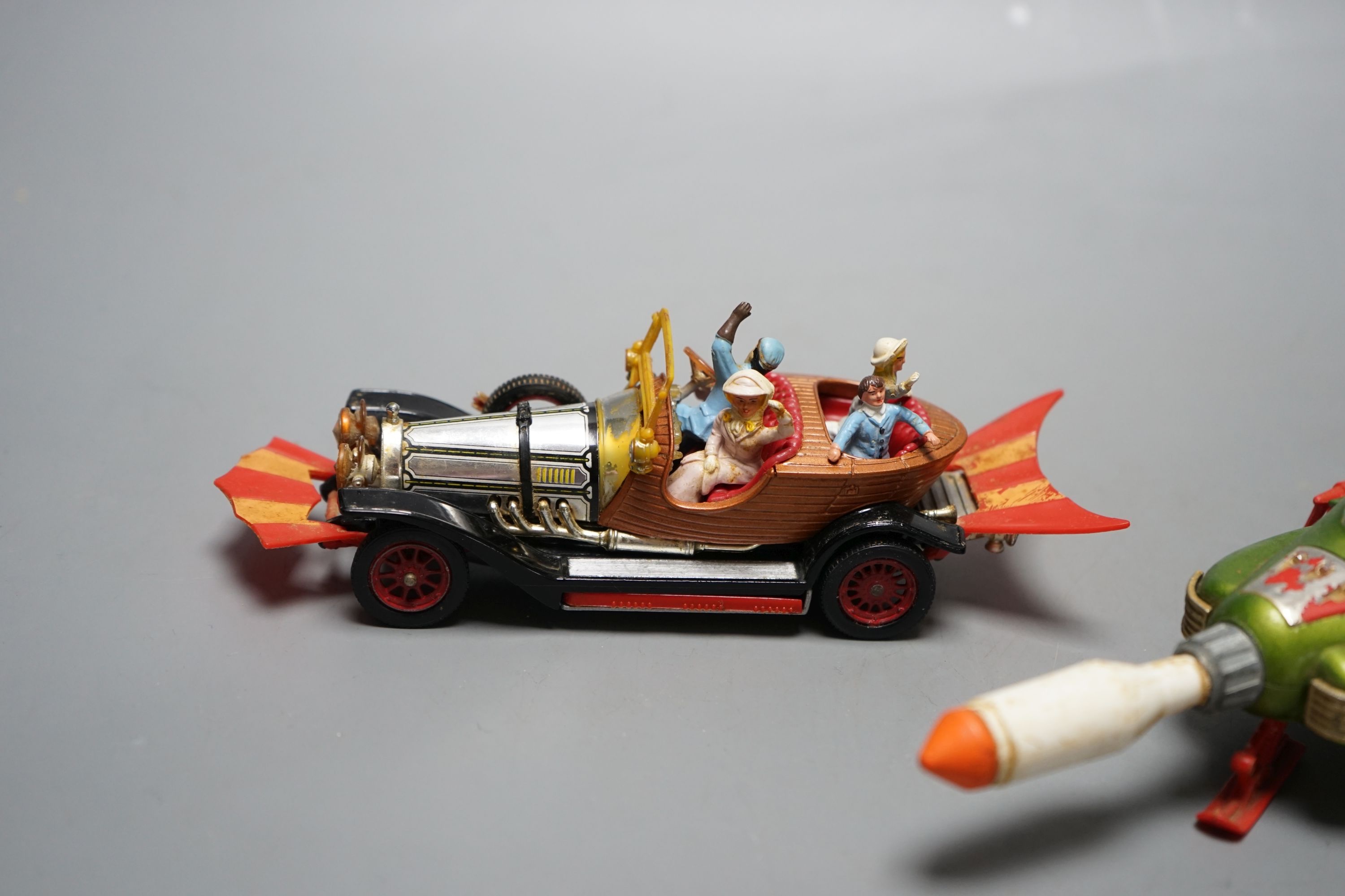 Vintage Dinky Toy “Chitty Chitty Bang Bang” with figures and “UFO Interceptor”, 19.5 cms long.